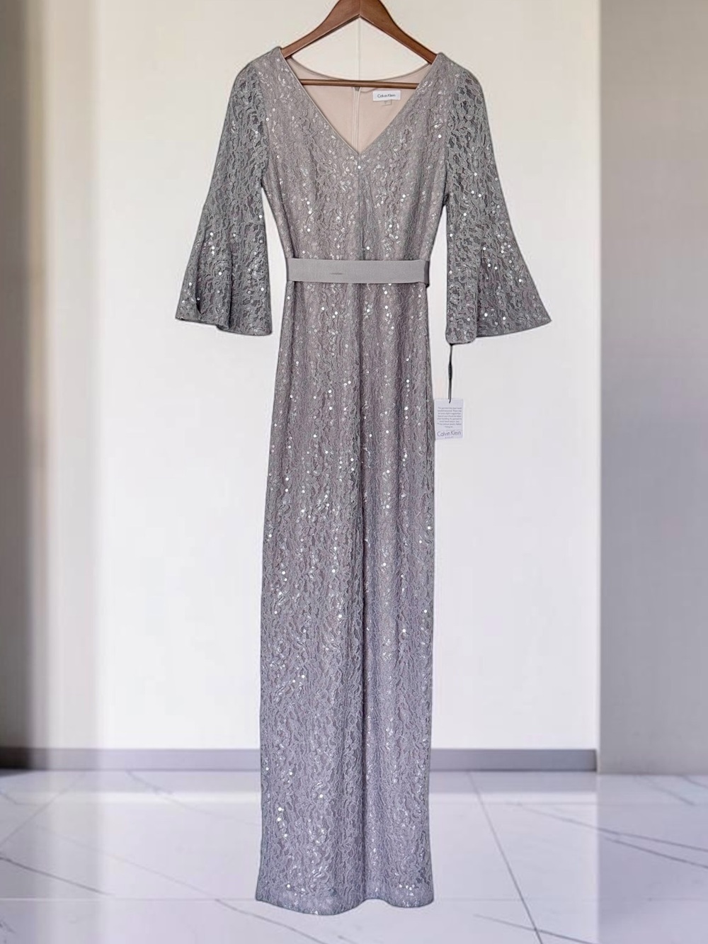NWT Calvin Klein Grey Sequined Bell Sleeve Formal Evening Gown ~ nude liner